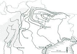Karte des Küstenverlaufs im Oberperm sowie die Isopachen (Linie gleicher Schichtmächtigkeit) der Bellerophonschichten