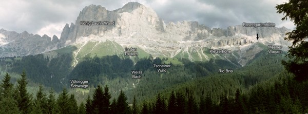 Panoramaansicht des Kartiergebietes von Westen nach Osten auf die Rosengartengruppe